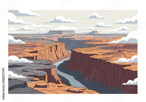 Artistic Vector of River Canyon with Clouds and Rocks