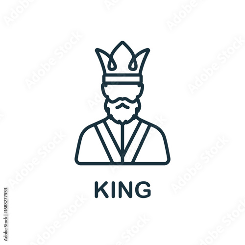 Line art icon of a king with a beard crown and robe with the word KING below. Editable stroke. Vector icon illustration