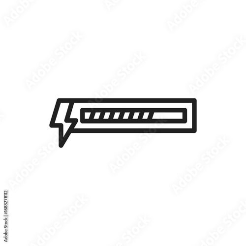 Icon of a charging bar with a lightning bolt at the front end and a rectangular progress bar inside. Editable stroke. Vector icon illustration