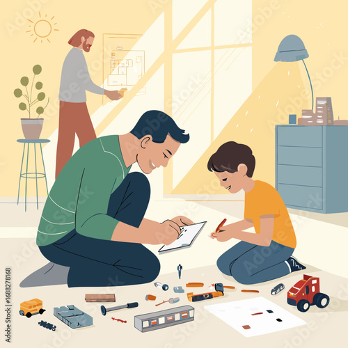 Father and son building a model train together at home.