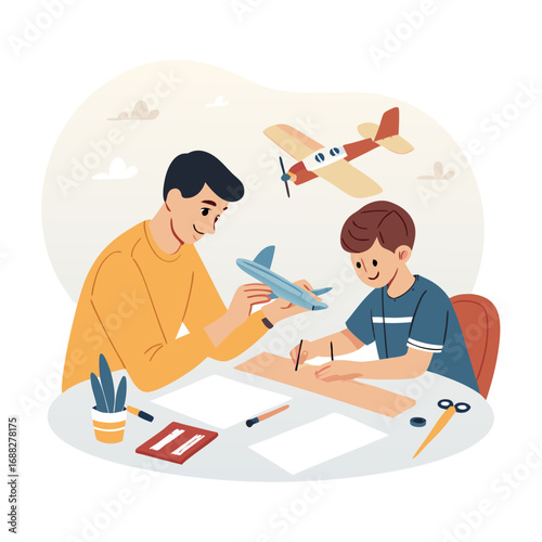 Father and Son Building Model Airplanes Together at a Desk.