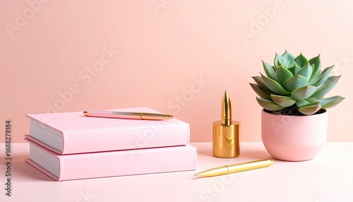 Pink books, a succulent, and gold pens on a pale pink surface.  A stack of two soft pink books sits centered, topped with a metallic gold pen.  