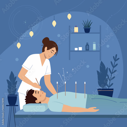 Female acupuncturist performing treatment on a male patient.