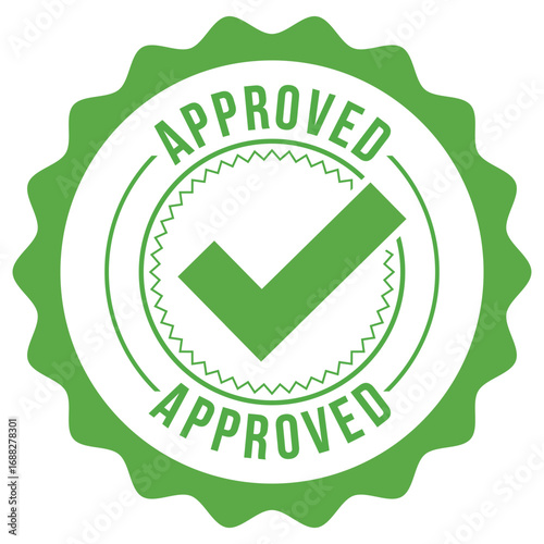 Green approved stamp with check mark symbol inside a circular badge indicating success and agreement for business and quality assurance concepts