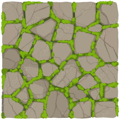 Gray Cobblestone Stone Texture with Bright Green Mossy Joints Surface Pattern Seamless Tileable Ground Pavement Background for Game Design Backdrop