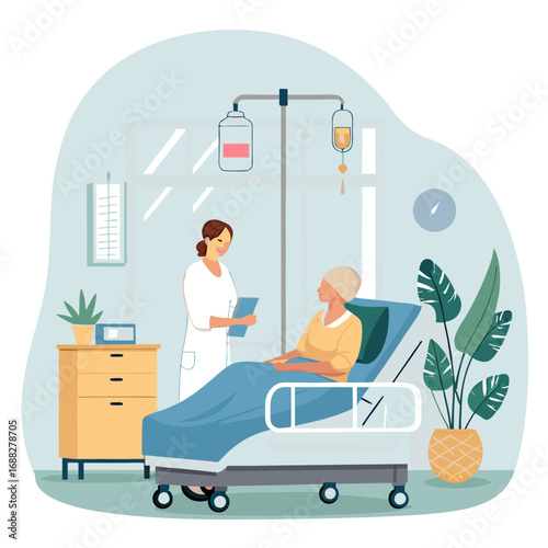 Female Nurse Caring for Senior Woman in Hospital Bed.
