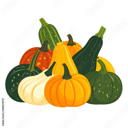 Pile of Colorful Pumpkins and Gourds in Pixel Art Style on White Background
