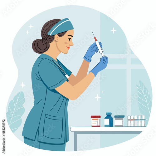 Female nurse in scrubs preparing a syringe for injection.