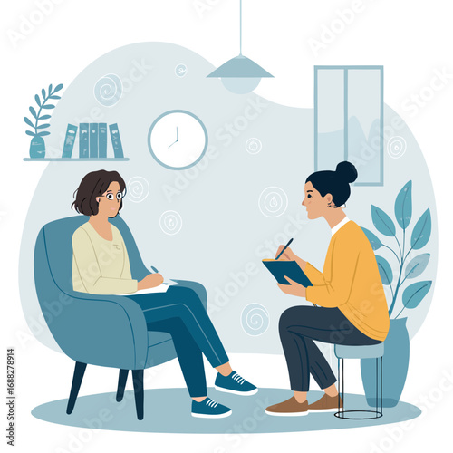 Female Patient Discussing Problems with a Psychotherapist Vector Illustration.