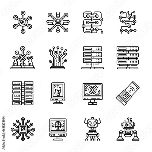 Seamlessly integrate high-tech visuals into your work. This modular icon set has a futuristic design with clean lines and a bold, professional aesthetic