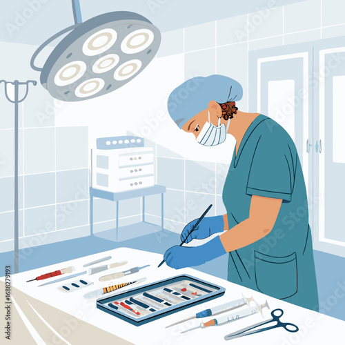 Female surgeon preparing medical instruments in operating room.