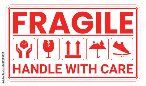 Fragile package icons set, handle with care logistics and delivery shipping labels. Fragile box, keep dry umbrella, cargo warning vector signs