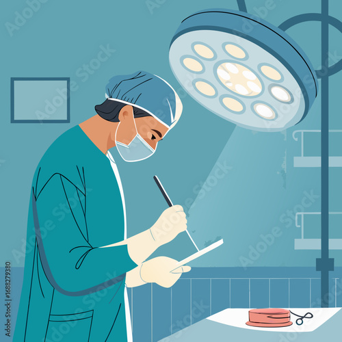 Focused surgeon performing a delicate procedure under a bright operating lamp.