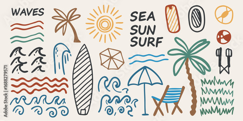 Summer beach vibes collection with waves sun palm trees surfboards and beach chairs