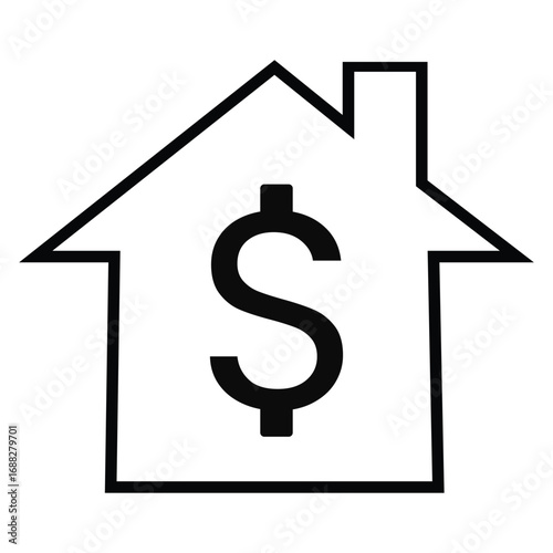 Simple outline of a house with a bold dollar sign inside representing real estate investment property ownership financial value and home ownership costs
