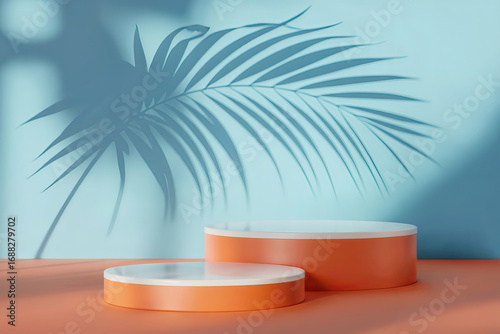 Minimalist product display with orange cylinders and palm leaf shadow for summer concepts