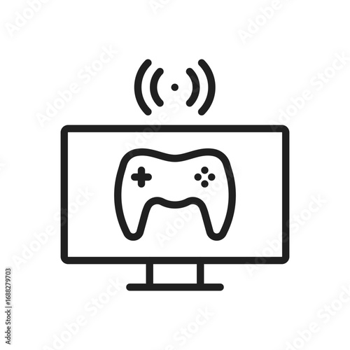 Outlined drawing of a tv showing a game controller with a wifi symbol above the screen. Editable stroke. Vector icon illustration