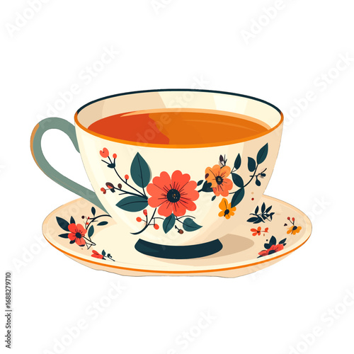 Floral Patterned Teacup Filled with Liquid on a Matching Saucer Against a Plain White Background Illustration