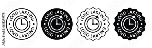 Long lasting icons set, logo, label, badge, sticker, symbol, emblem, stamp, black, line, flat vector, isolated illustration. Pharma or beauty label for product packaging design.