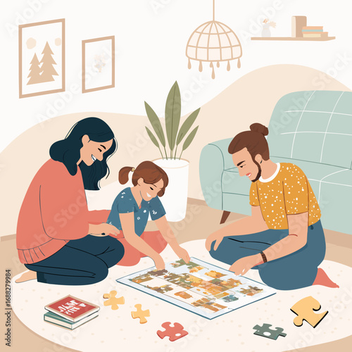 Happy family of three assembling a jigsaw puzzle on the floor.