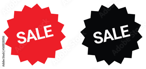 Two starburst shaped sale tags one red and one black with the word sale in white text on a white background for retail and advertising promotions