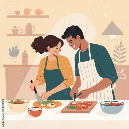 Happy Young Couple Cooking a Healthy Meal Together at Home.