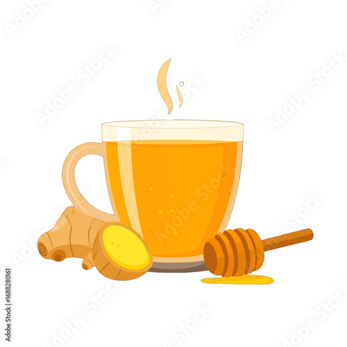 Transparent Mug with Steaming Yellow Beverage Accompanied by Ginger Root and Wooden Honey Dipper on White Background