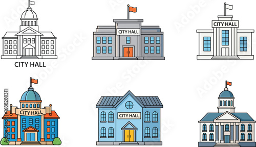 Set of City Hall Building Icons, Government Architecture Collection, Municipal Office Illustrations, Public Administration Structures in Various Styles