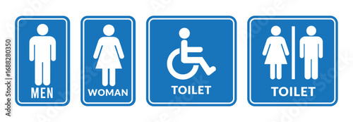 Toilet icons set. Men and women restroom icon sign right arrow. Disabled wheelchair icon. Vector Illustration