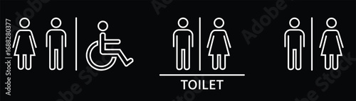 Toilet icons set. Men and women restroom icon sign right arrow. Disabled wheelchair icon. Vector Illustration