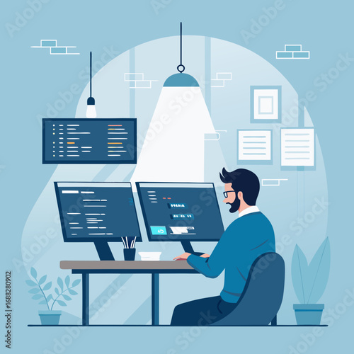 Male programmer working on multiple computer screens.