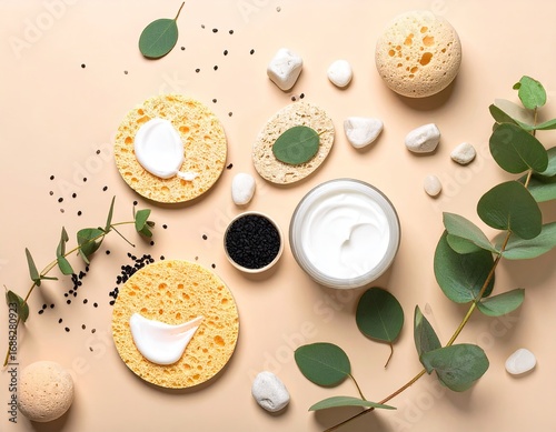Spa-inspired skincare products arranged on a pale peach background