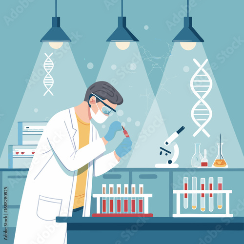 Male scientist in a lab coat analyzing a test tube sample.
