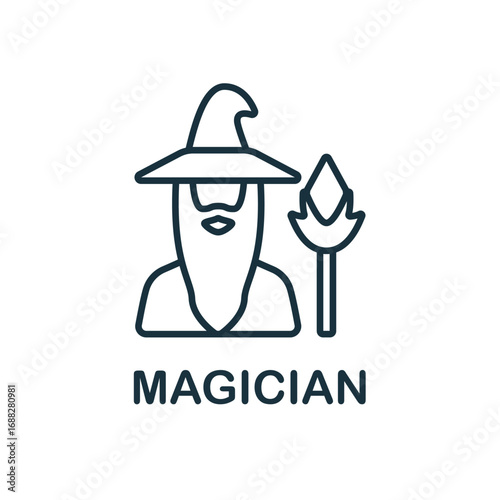 Wizard with hat and staff outlined style MAGICIAN is below. Editable stroke. Vector icon illustration
