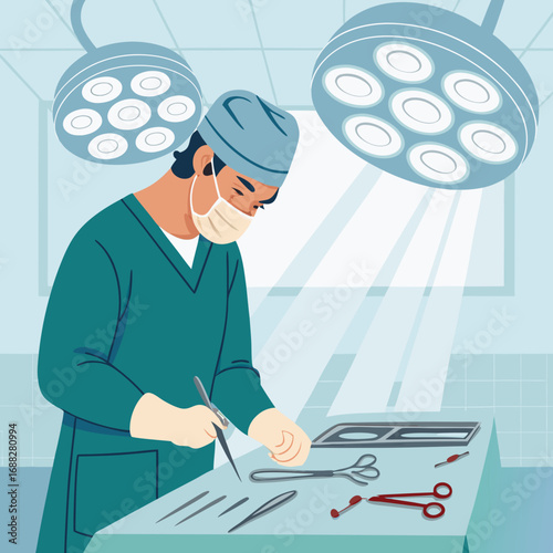 Male surgeon meticulously performing a surgical procedure in the operating room.