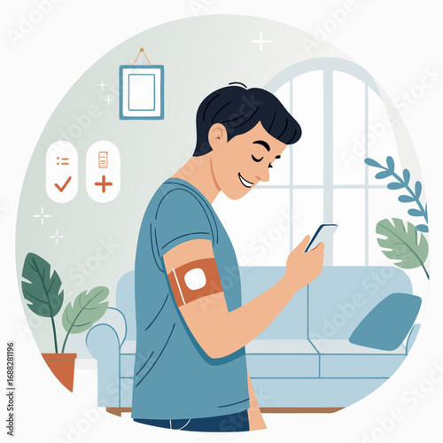 Man managing his health with a continuous glucose monitor and smartphone app.