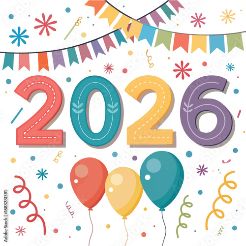 2026 Celebration with Balloons, Bunting, and Festive Decorations