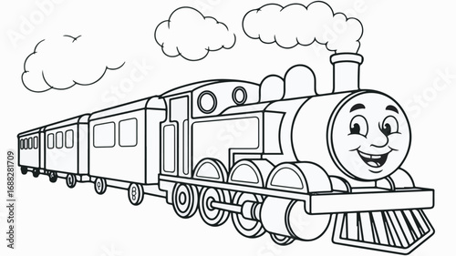 Cartoon steam train with carriages and clouds locomotive