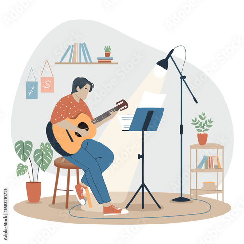 Musician practicing acoustic guitar in a cozy home studio.
