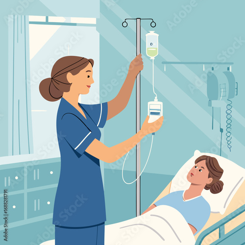 Nurse adjusting an intravenous drip for a patient in a hospital room.