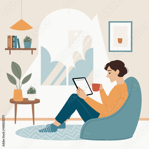 Person relaxing in a beanbag chair reading a tablet at home.
