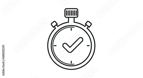 Black and white line art stopwatch icon with checkmark.