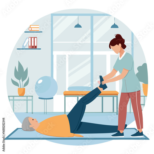 Physical therapist helping an elderly woman with leg exercises.