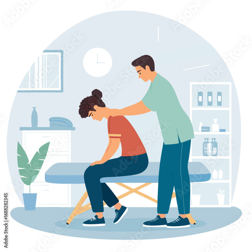 Physical therapist treating a female patients neck pain in a clinic.