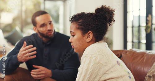 Canvastavla Sad, child and father scolding at house for explaining rules, discipline and disobedience behaviour