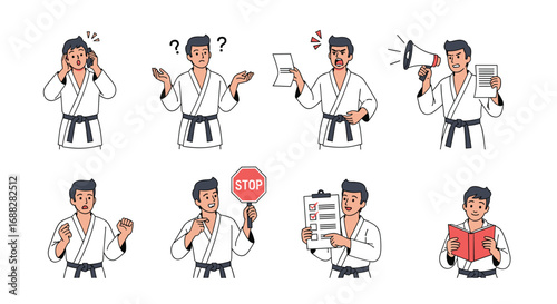 Martial arts practitioner demonstrating various emotions and actions with study materials and a stop sign