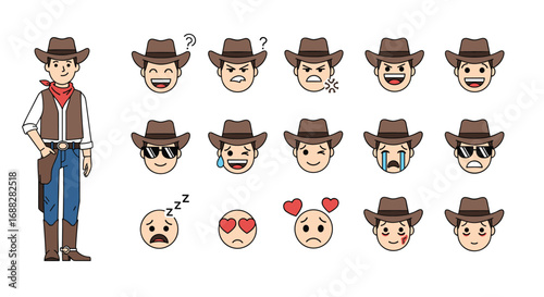 Collection of expressive cowboy character emoticons with full body illustration for diverse digital content creation
