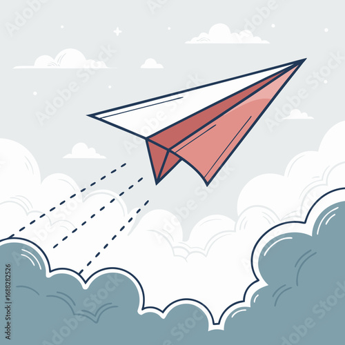 Red and white paper airplane flying in the sky.