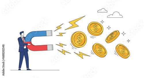 Businessman attracts money with a large horseshoe magnet demonstrating financial success and wealth accumulation strategies