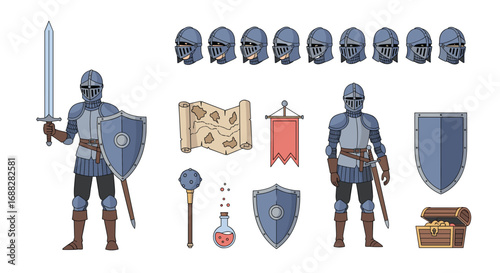 Medieval warrior collection featuring knights armor weapons shields and battle gear accessories for fantasy games